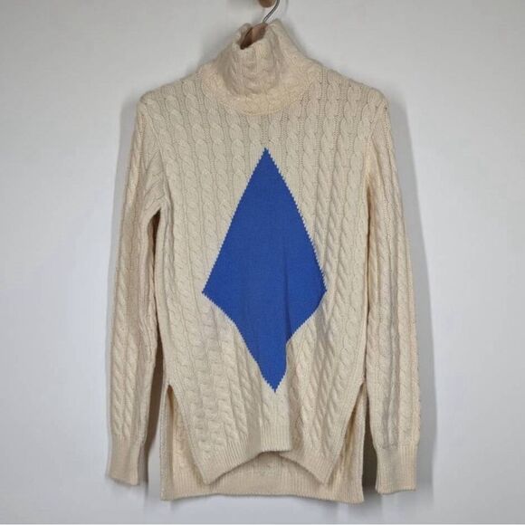 Tory Burch Sweater Nel Cable Knit Diamond Turtleneck Alpaca Wool in Cream Blue - Picture 9 of 15